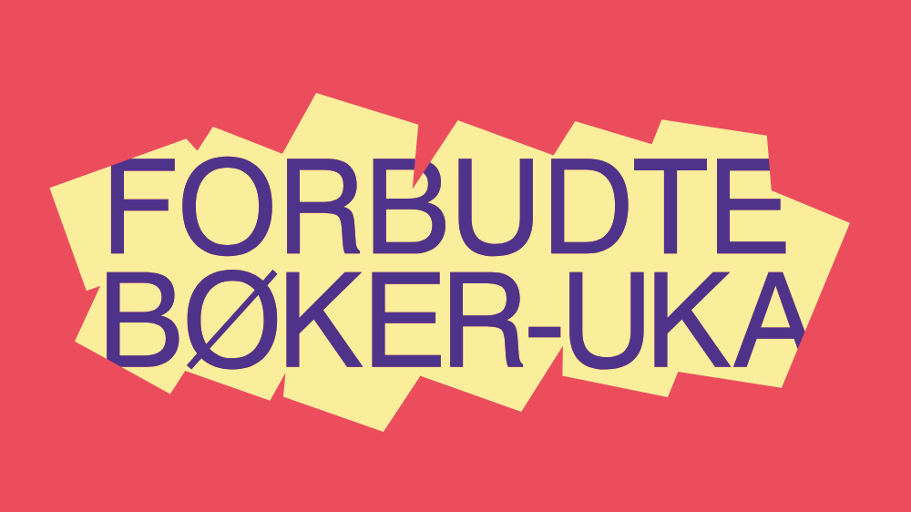 Lilla skrift der det står Forbudte bøker-uka oppå en gul krusedull med rød bakgrunn